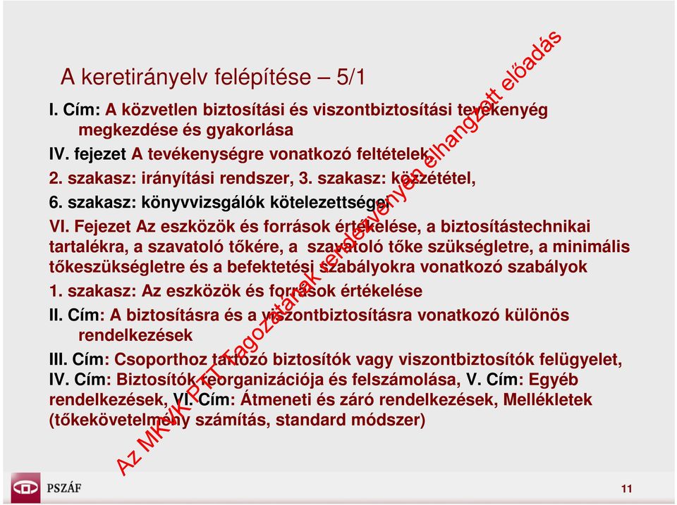 Fejezet Az eszközök és források értékelése, a biztosítástechnikai tartalékra, a szavatoló tőkére, a szavatoló tőke szükségletre, a minimális tőkeszükségletre és a befektetési szabályokra vonatkozó