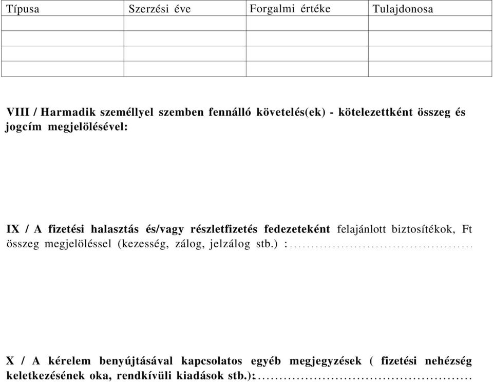 részletfizetés fedezeteként felajánlott biztosítékok, megjelöléssel (kezesség, zálog, jelzálog stb.