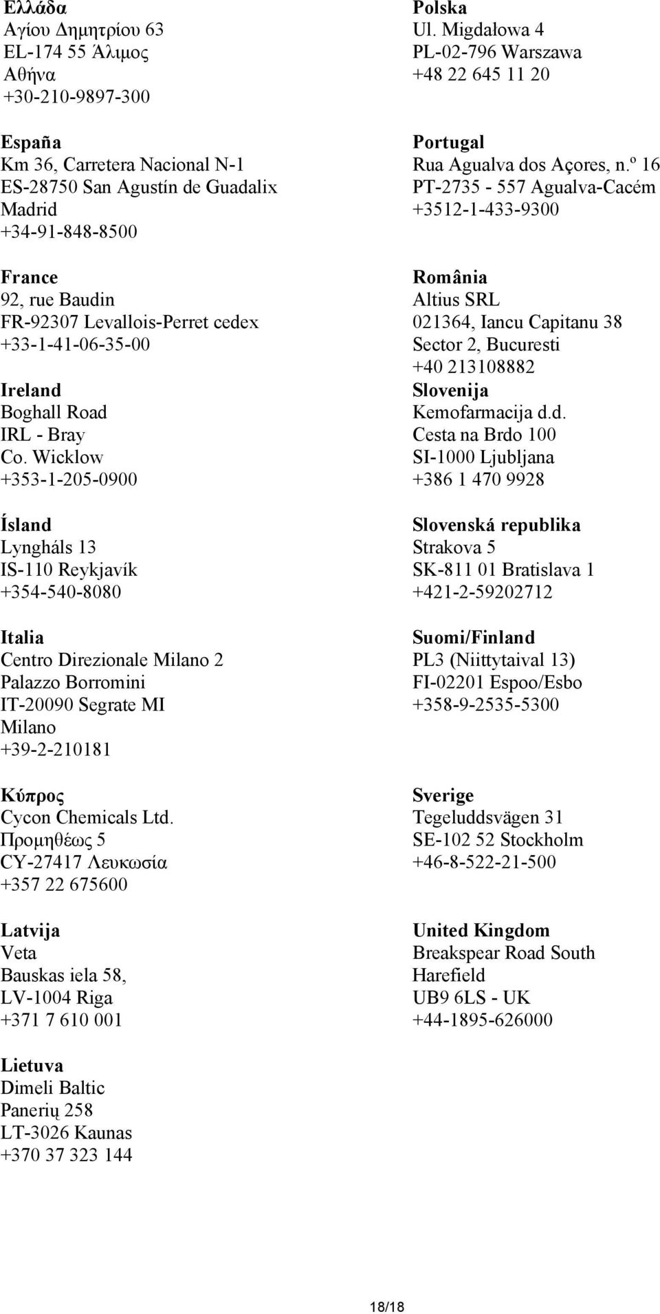Wicklow +353-1-205-0900 Ísland Lyngháls 13 IS-110 Reykjavík +354-540-8080 Italia Centro Direzionale Milano 2 Palazzo Borromini IT-20090 Segrate MI Milano +39-2-210181 Κύπρος Cycon Chemicals Ltd.