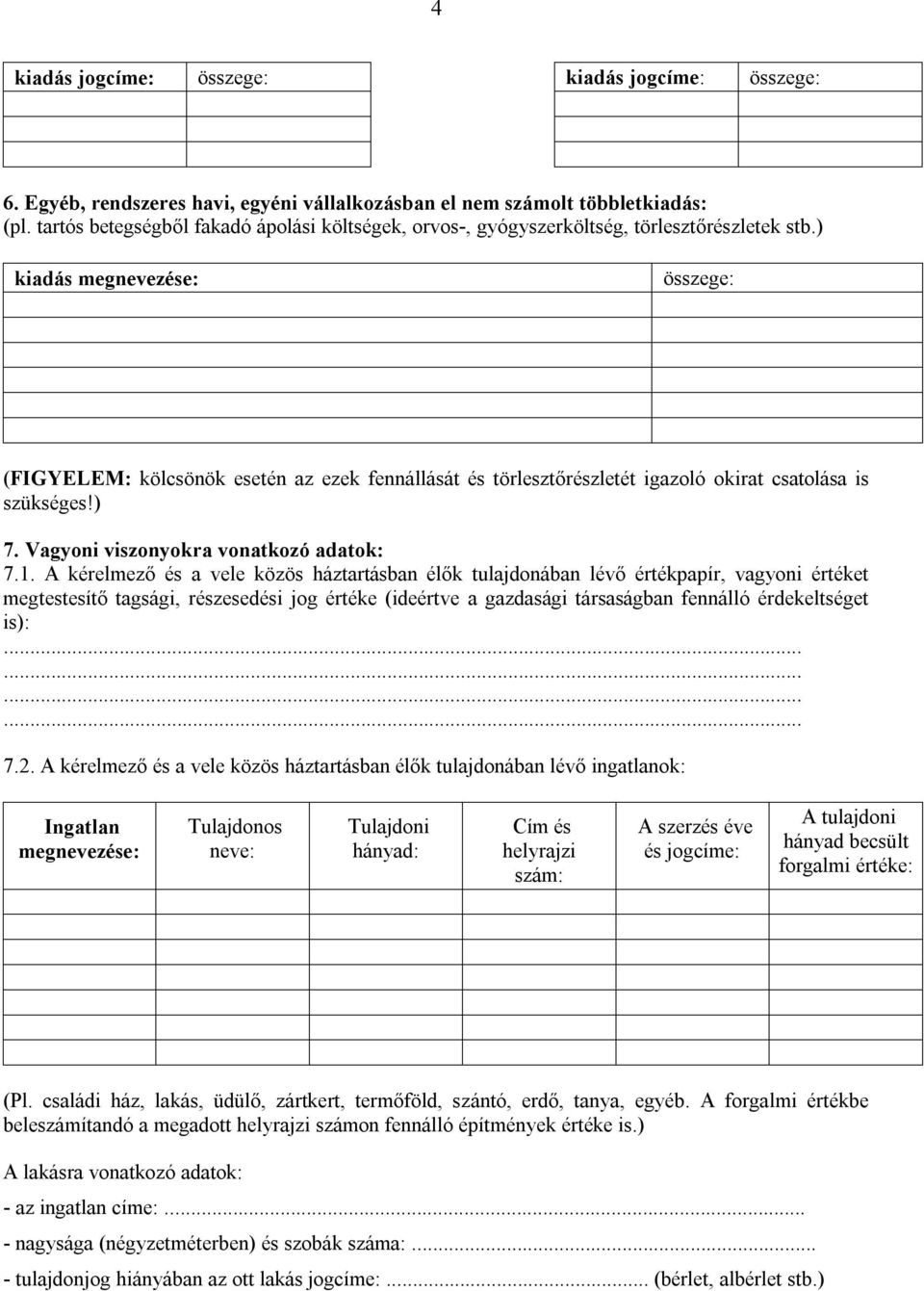 ) kiadás megnevezése: összege: (FIGYELEM: kölcsönök esetén az ezek fennállását és törlesztőrészletét igazoló okirat csatolása is szükséges!) 7. Vagyoni viszonyokra vonatkozó adatok: 7.1.