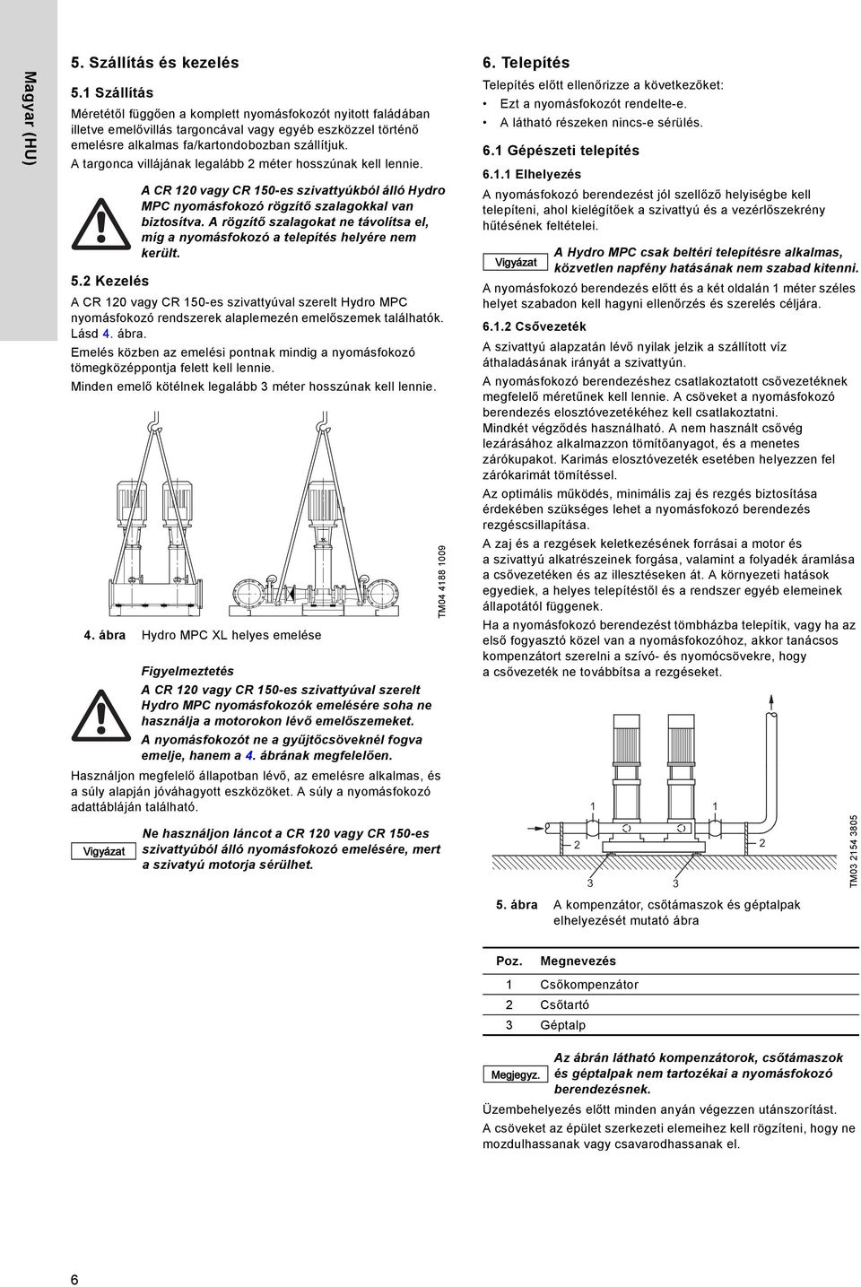 A targonca villájának legalább 2 méter hosszúnak kell lennie. 5.2 Kezelés A CR 120 vagy CR 150-es szivattyúval szerelt Hydro MPC nyomásfokozó rendszerek alaplemezén emelőszemek találhatók. Lásd 4.