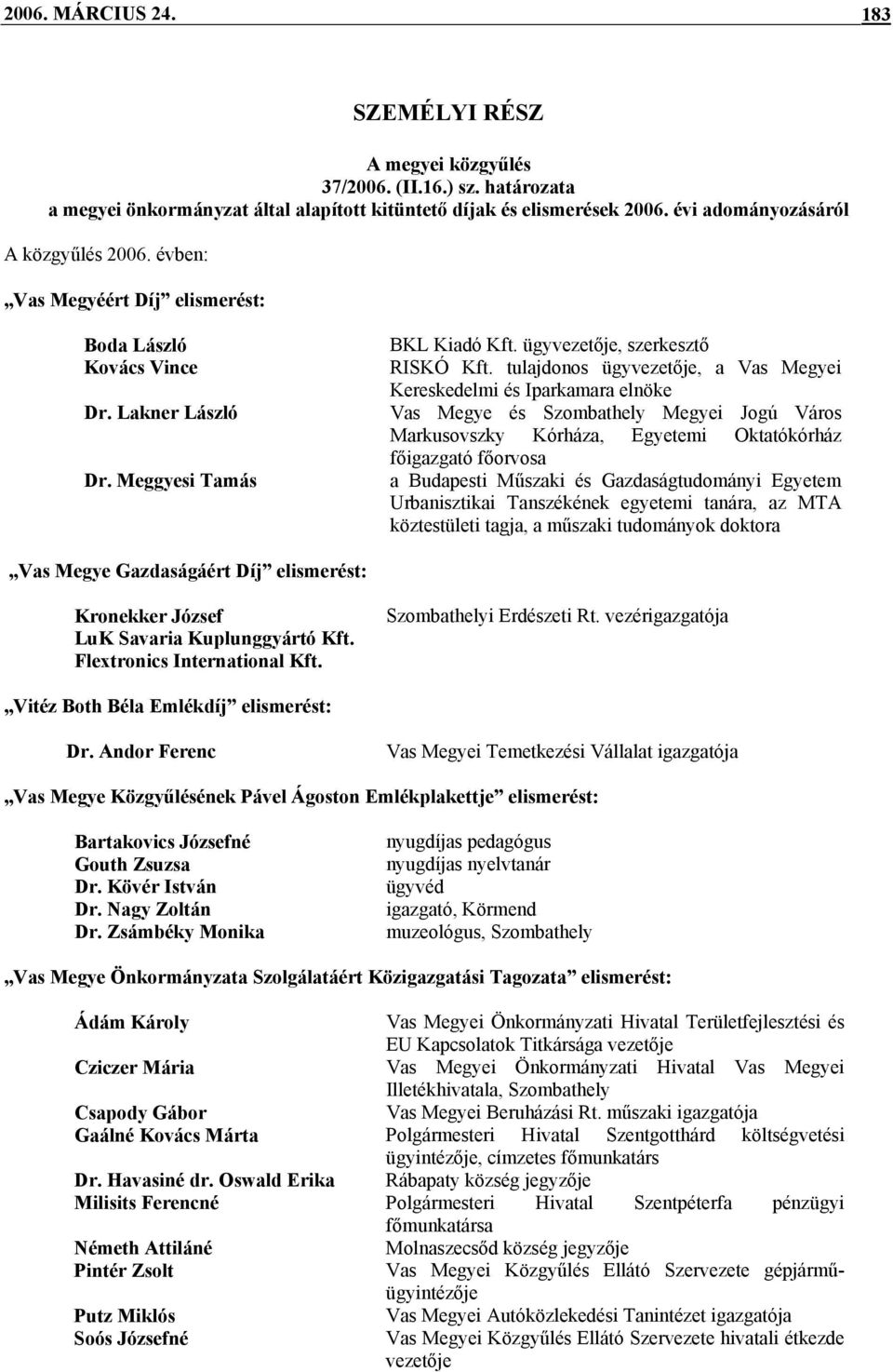 tulajdonos ügyvezetője, a Vas Megyei Kereskedelmi és Iparkamara elnöke Vas Megye és Szombathely Megyei Jogú Város Markusovszky Kórháza, Egyetemi Oktatókórház főigazgató főorvosa a Budapesti Műszaki