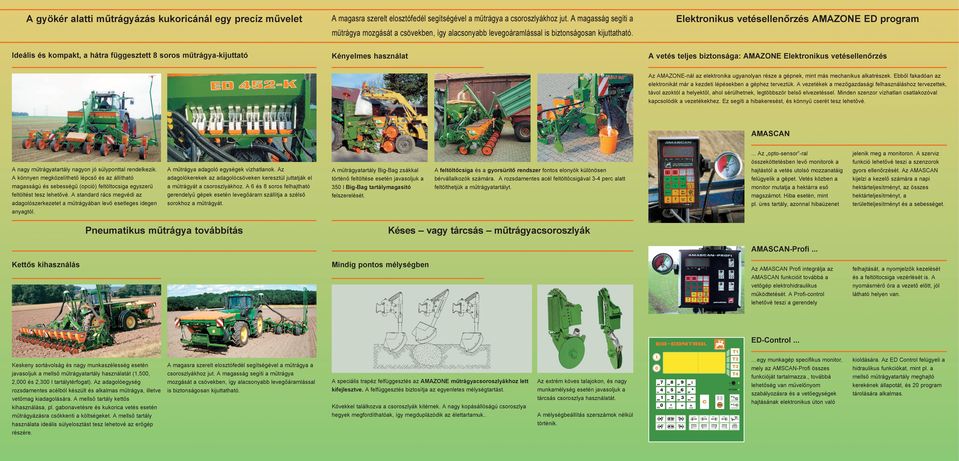 Ideális és kompakt, a hátra függesztett 8 soros műtrágya-kijuttató Kényelmes használat A vetés teljes biztonsága: AMAZONE Elektronikus vetésellenőrzés Az AMAZONE-nál az elektronika ugyanolyan része a