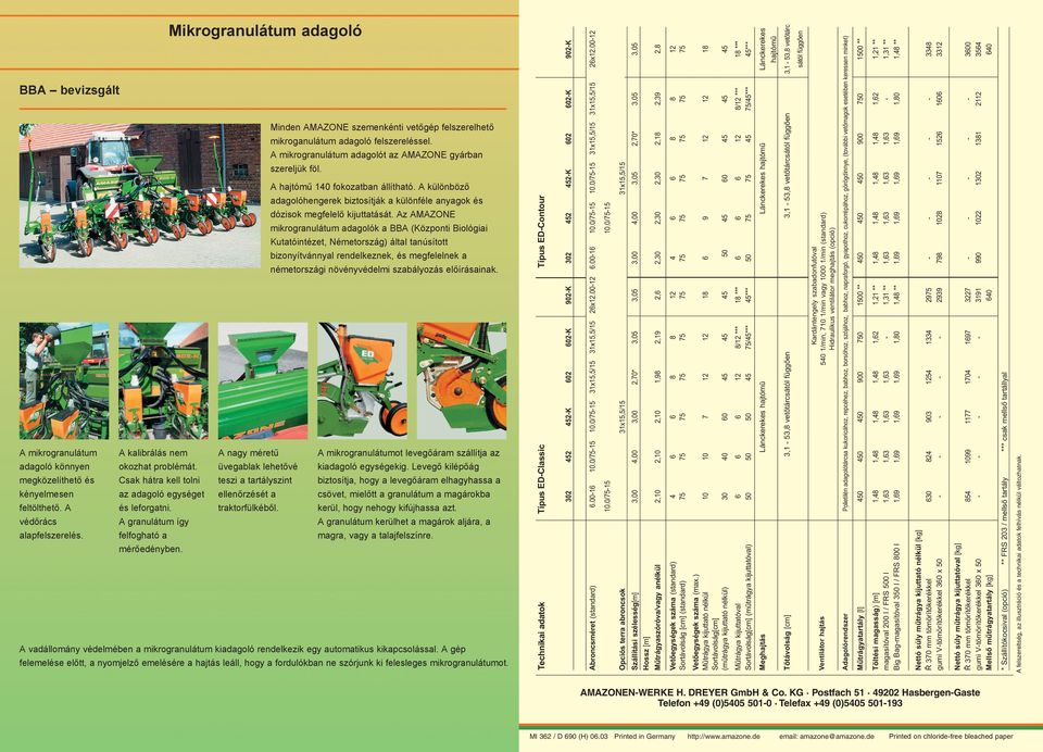 Az AMAZONE mikrogranulátum adagolók a BBA (Központi Biológiai Kutatóintézet, Németország) által tanúsított bizonyítvánnyal rendelkeznek, és megfelelnek a németországi növényvédelmi szabályozás