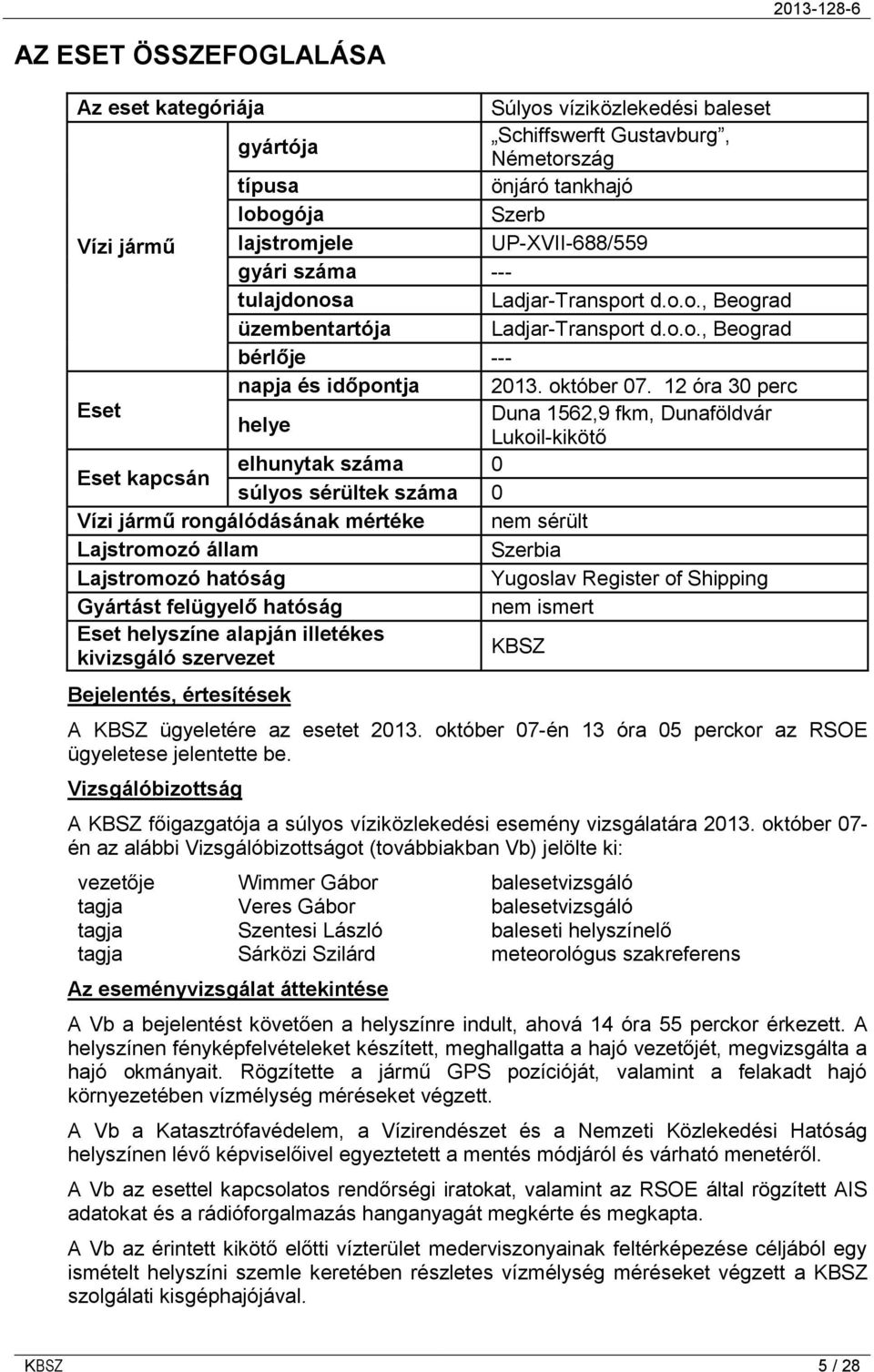 12 óra 30 perc Eset Duna 1562,9 fkm, Dunaföldvár helye Lukoil-kikötő Eset kapcsán elhunytak száma 0 súlyos sérültek száma 0 Vízi jármű rongálódásának mértéke nem sérült Lajstromozó állam Szerbia