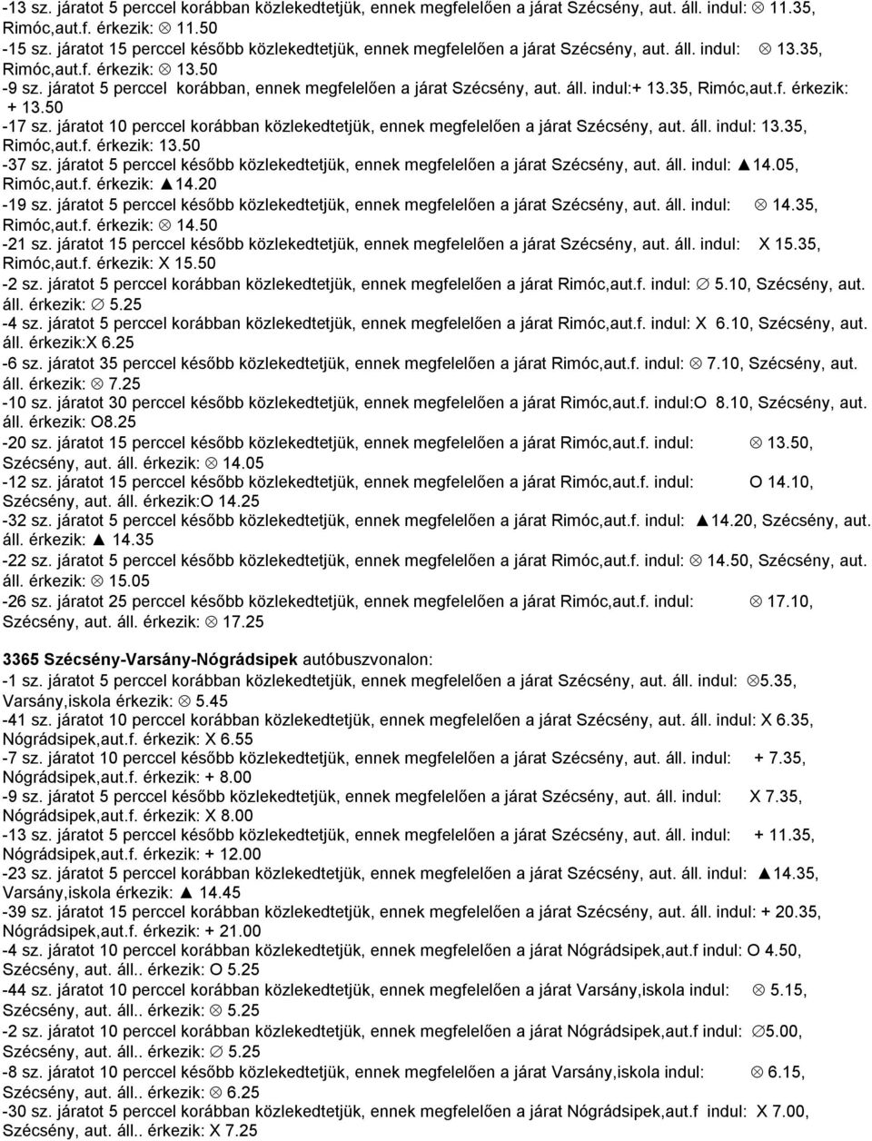 járatot 5 perccel korábban, ennek megfelelően a járat Szécsény, aut. áll. indul:+ 13.35, Rimóc,aut.f. érkezik: + 13.50-17 sz.