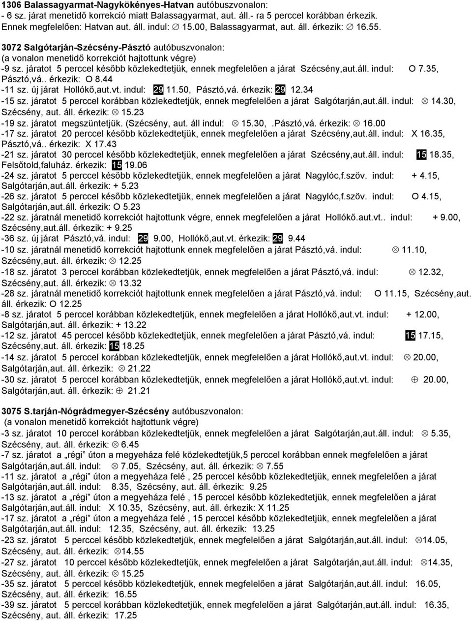 járatot 5 perccel később közlekedtetjük, ennek megfelelően a járat Szécsény,aut.áll. indul: O 7.35, Pásztó,vá.. érkezik: O 8.44-11 sz. új járat Hollókő,aut.vt. indul: 29 11.50, Pásztó,vá.