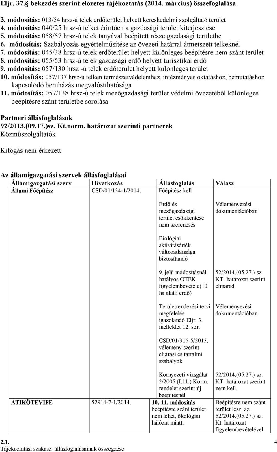 módosítás: Szabályozás egyértelműsítése az övezeti határral átmetszett telkeknél 7. módosítás: 045/38 hrsz-ú telek erdőterület helyett különleges beépítésre nem szánt terület 8.