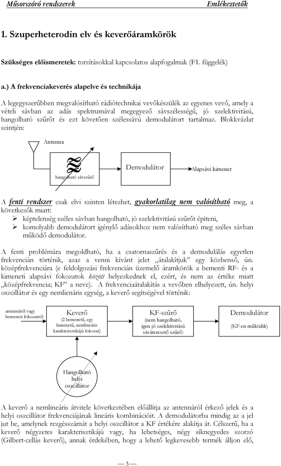 szelektivitású, hangolható szűrőt és ezt követően szélessávú demodulátort tartalmaz.