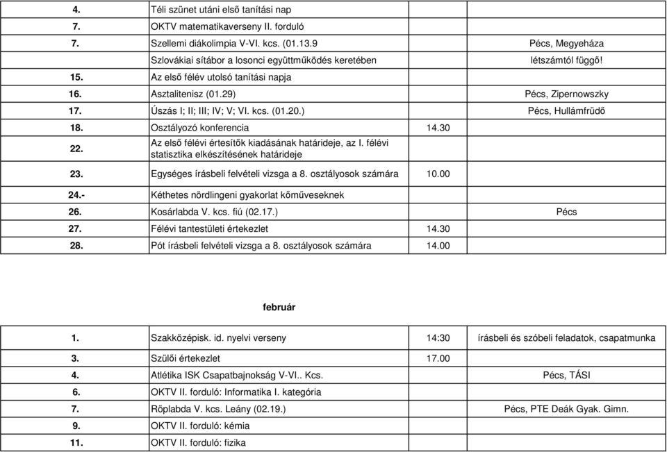 Az elsı félévi értesítık kiadásának határideje, az I. félévi statisztika elkészítésének határideje 23. Egységes írásbeli felvételi vizsga a 8. osztályosok számára 10.00 24.