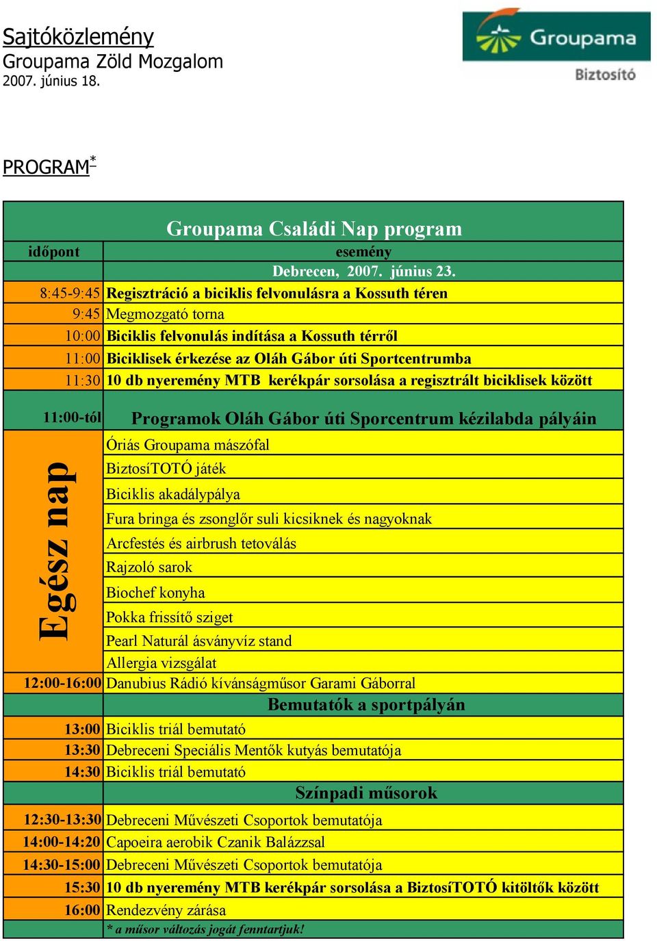 11:30 10 db nyeremény MTB kerékpár sorsolása a regisztrált biciklisek között 11:00-tól Egész nap Programok Oláh Gábor úti Sporcentrum kézilabda pályáin Óriás Groupama mászófal BiztosíTOTÓ játék