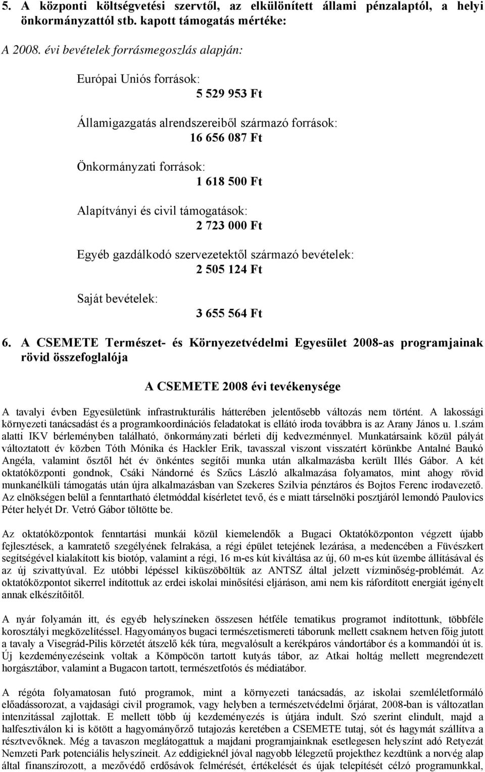 támogatások: 2 723 000 Ft Egyéb gazdálkodó szervezetektől származó bevételek: 2 505 124 Ft Saját bevételek: 3 655 564 Ft 6.