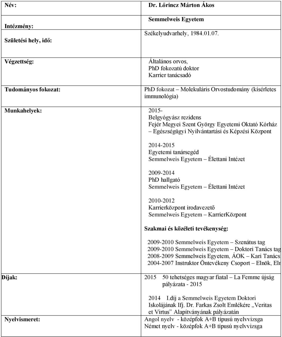 György Egyetemi Oktató Kórház Egészségügyi Nyilvántartási és Képzési Központ 2014-2015 Egyetemi tanársegéd Élettani Intézet 2009-2014 PhD hallgató Élettani Intézet 2010-2012 Karrierközpont