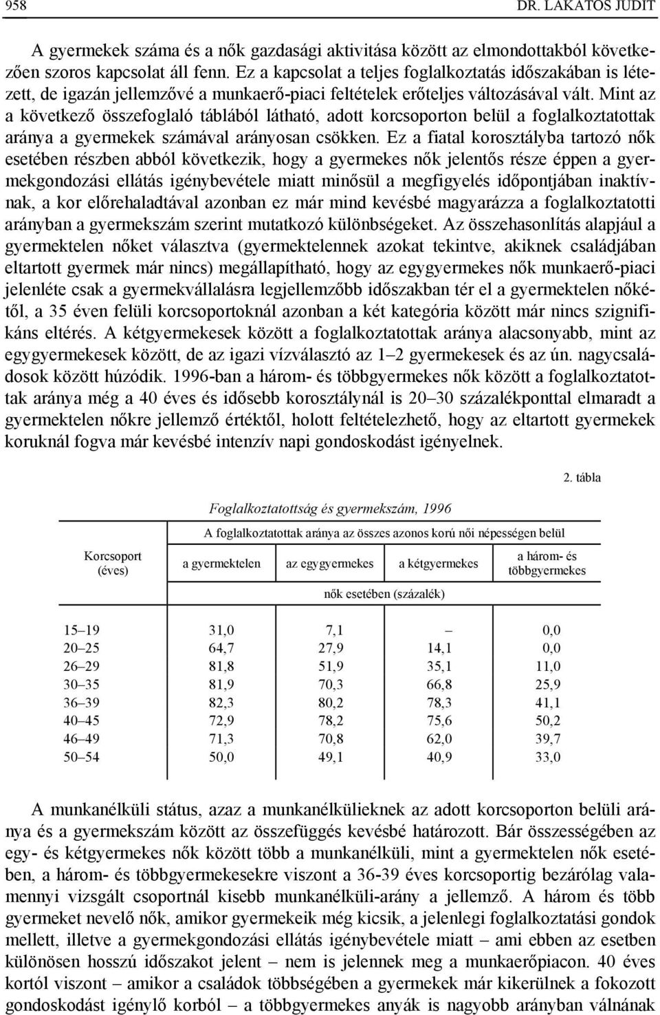 Mint az a következő összefoglaló táblából látható, adott korcsoporton belül a foglalkoztatottak aránya a gyermekek számával arányosan csökken.