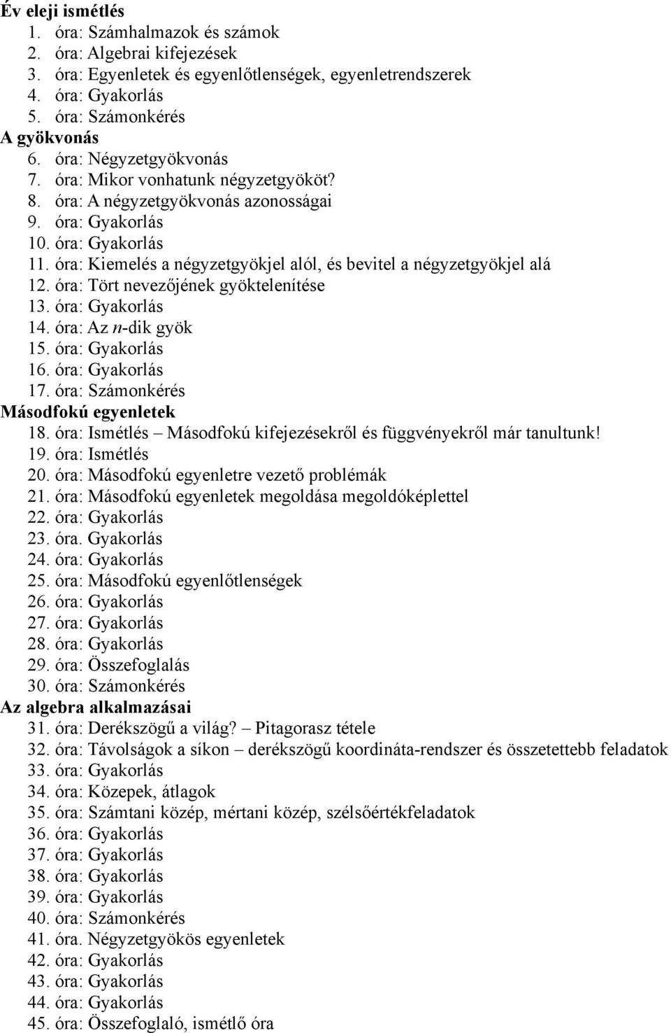 óra: Kiemelés a négyzetgyökjel alól, és bevitel a négyzetgyökjel alá 12. óra: Tört nevezőjének gyöktelenítése 13. óra: Gyakorlás 14. óra: Az n-dik gyök 15. óra: Gyakorlás 16. óra: Gyakorlás 17.