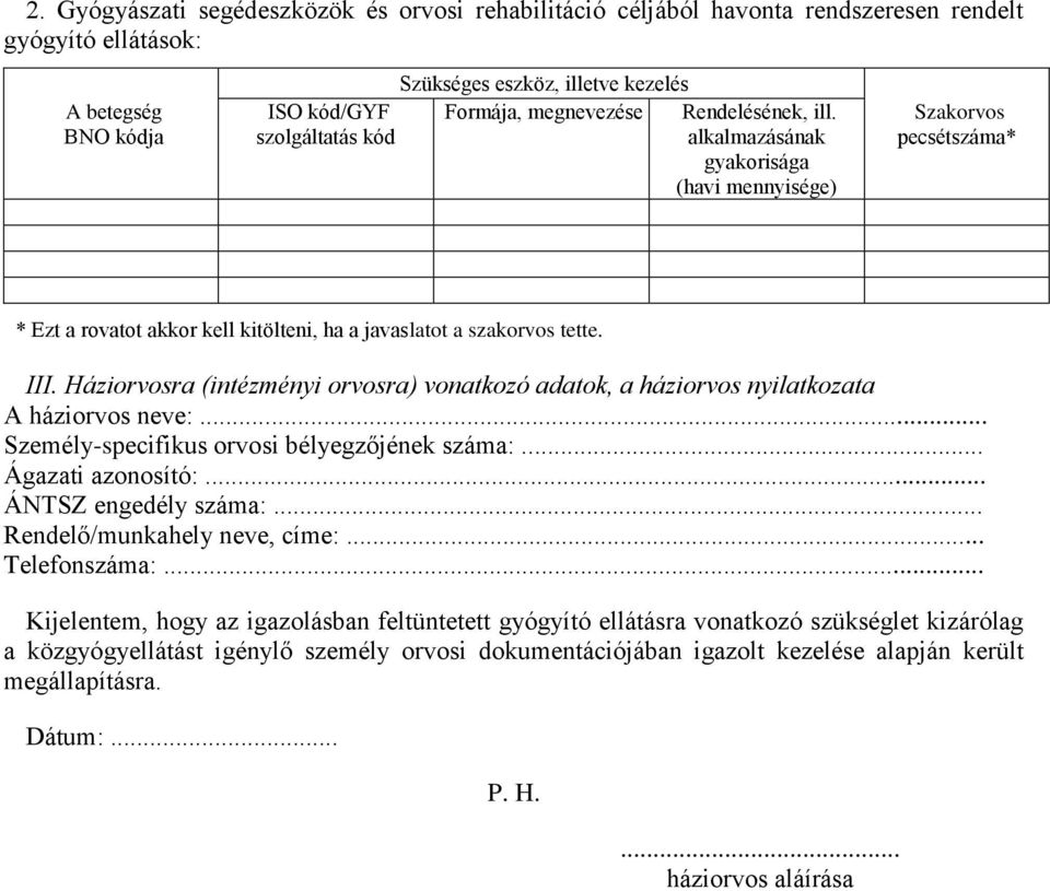 Háziorvosra (intézményi orvosra) vonatkozó adatok, a háziorvos nyilatkozata A háziorvos neve:... Személy-specifikus orvosi bélyegzőjének száma:... Ágazati azonosító:... ÁNTSZ engedély száma:.