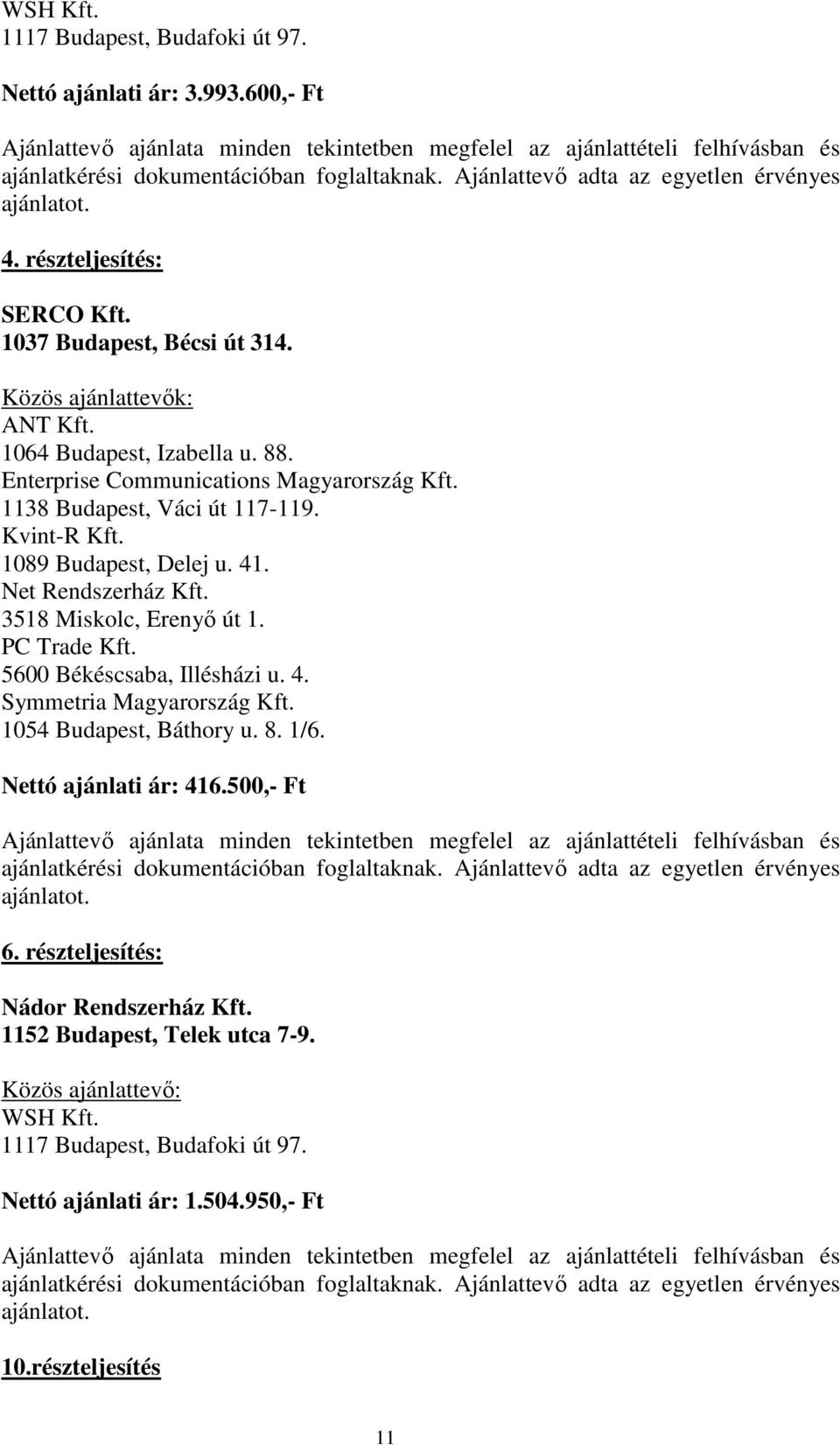 Net Rendszerház Kft. 3518 Miskolc, Erenyő út 1. PC Trade Kft. 5600 Békéscsaba, Illésházi u. 4. Symmetria Magyarország Kft. 1054 Budapest, Báthory u. 8. 1/6.