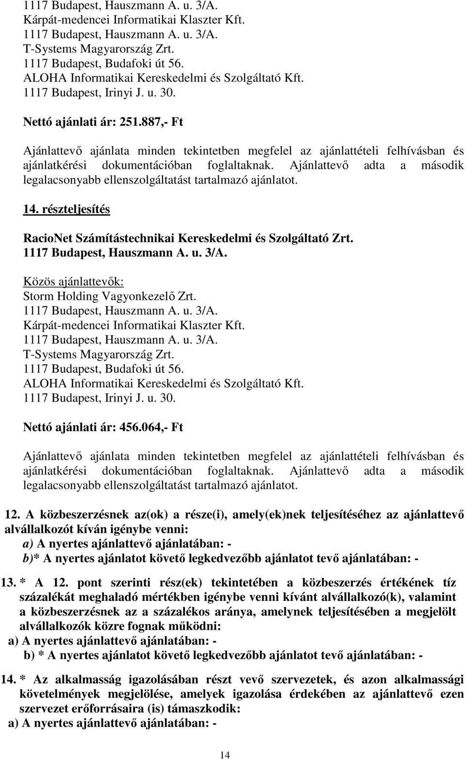 Storm Holding Vagyonkezelő Zrt.  Nettó ajánlati ár: 456.064,- Ft Ajánlattevő adta a második legalacsonyabb ellenszolgáltatást tartalmazó ajánlatot. 12.