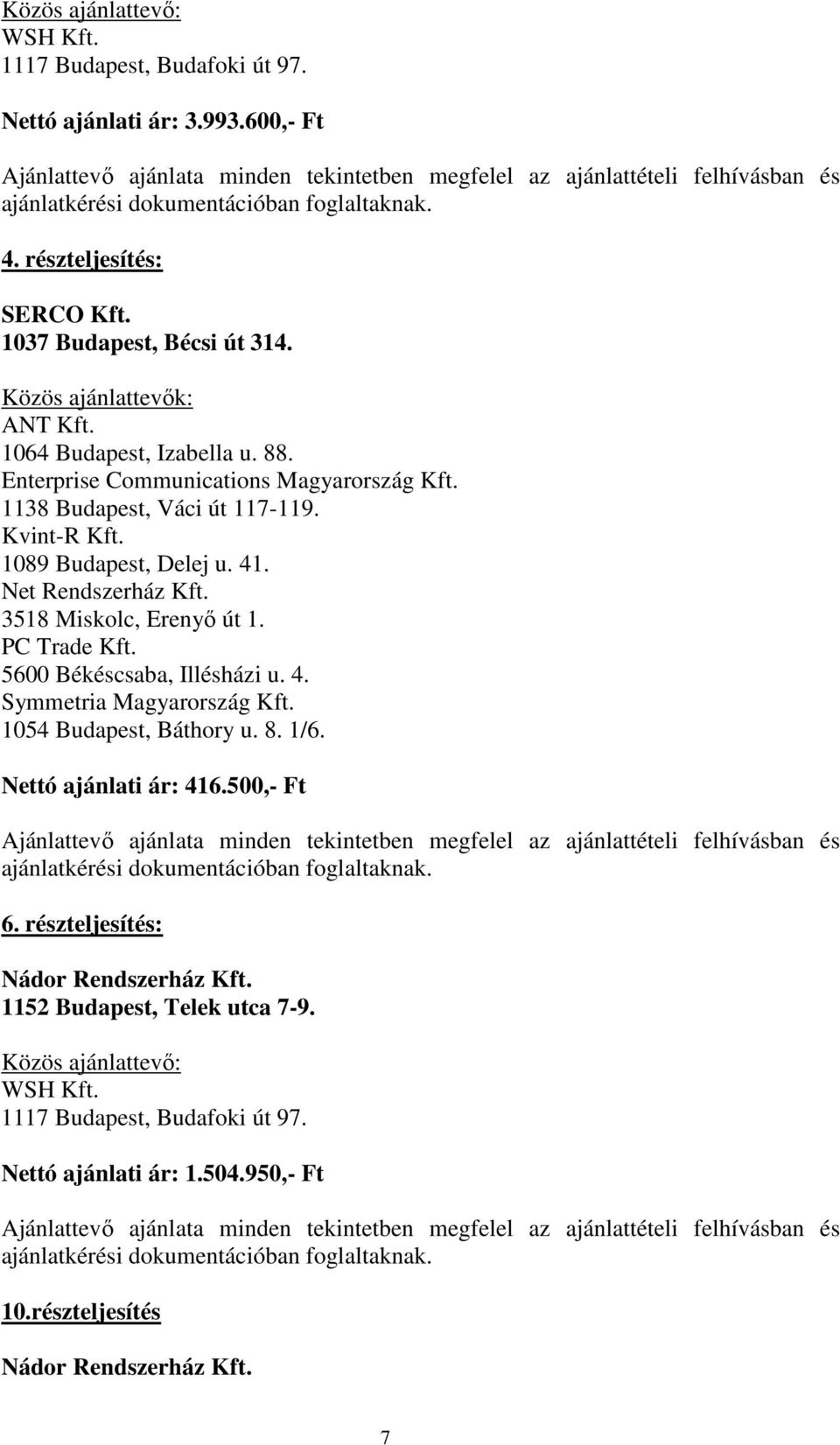 Net Rendszerház Kft. 3518 Miskolc, Erenyő út 1. PC Trade Kft. 5600 Békéscsaba, Illésházi u. 4. Symmetria Magyarország Kft.