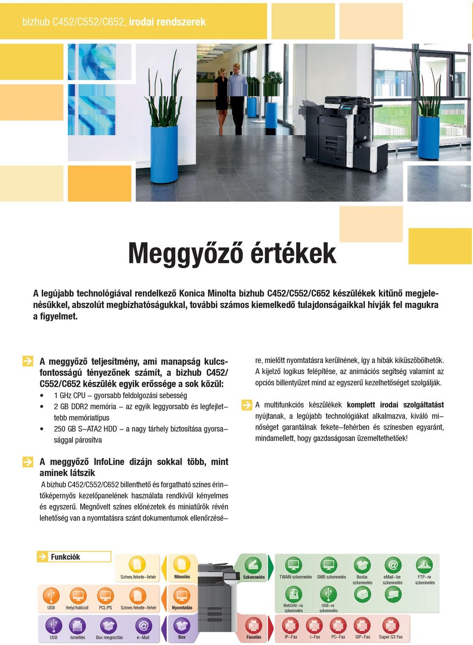 A meggyőző teljesítmény, ami manapság kulcsfontosságú tényezőnek számít, a bizhub C452/ C552/C652 készülék egyik erőssége a sok közül: 1 GHz CPU - gyorsabb feldolgozási sebesség 2 GB DDR2 memória -