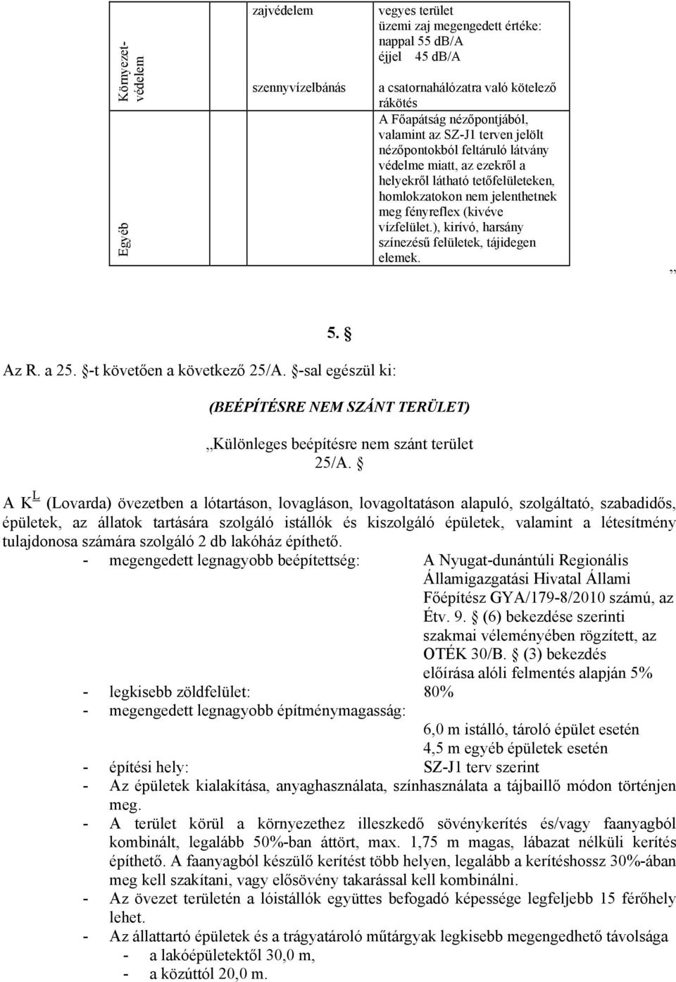 ), kirívó, harsány színezésű felületek, tájidegen elemek. 5. Az R. a 25. -t követően a következő 25/A. -sal egészül ki: (BEÉPÍTÉSRE NEM SZÁNT TERÜLET) Különleges beépítésre nem szánt terület 25/A.