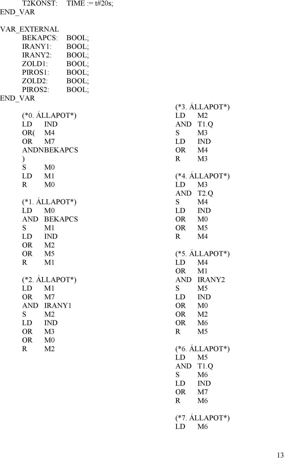 ÁLLAPOT*) M1 M7 AND IRANY1 S M2 IND M3 M0 R M2 (*3. ÁLLAPOT*) M2 AND T1.Q S M3 IND M4 R M3 (*4. ÁLLAPOT*) M3 AND T2.