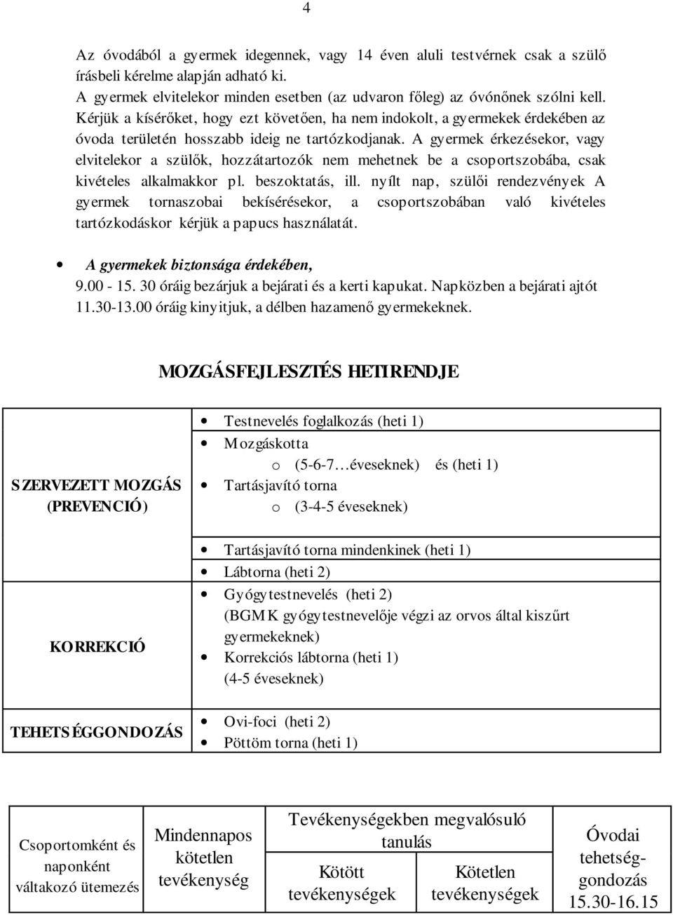 A gyermek érkezésekor, vagy elvitelekor a szülők, hozzátartozók nem mehetnek be a csoportszobába, csak kivételes alkalmakkor pl. beszoktatás, ill.