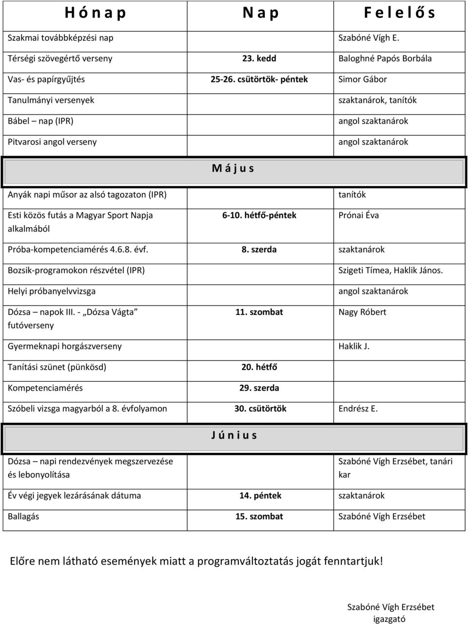 Esti közös futás a Magyar Sport Napja alkalmából tanítók 6-10. hétfő-péntek Prónai Éva Próba-kompetenciamérés 4.6.8. évf. 8.