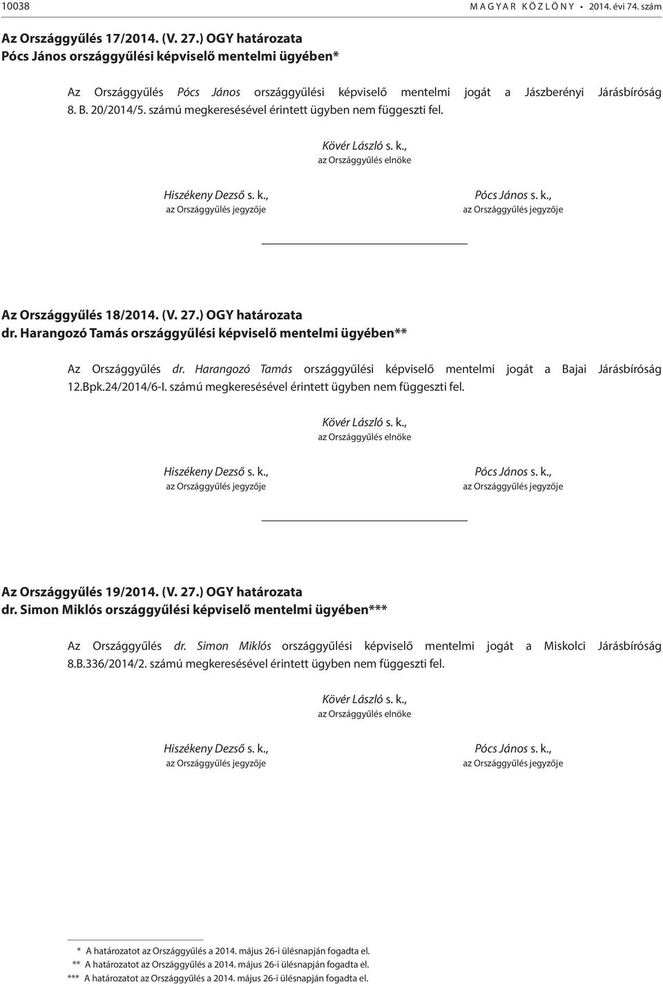 számú megkeresésével érintett ügyben nem függeszti fel. Az Országgyűlés 18/2014. (V. 27.) OGY határozata dr. Harangozó Tamás országgyűlési képviselő mentelmi ügyében** Az Országgyűlés dr.