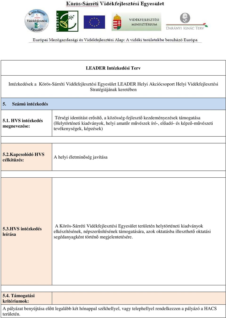 tevékenységek, képzések) 5.2.Kapcsolódó HVS célkitőzés: A helyi életminıség javítása 5.3.