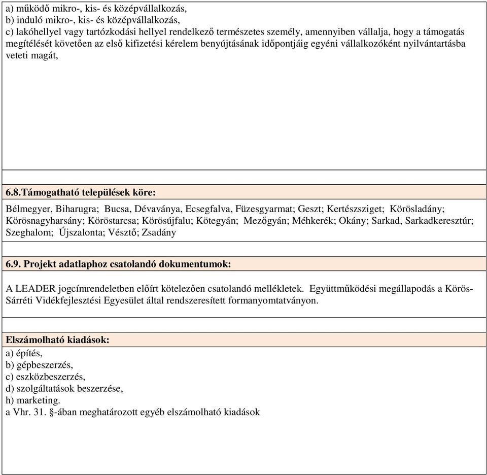 Támogatható települések köre: Bélmegyer, Biharugra; Bucsa, Dévaványa, Ecsegfalva, Füzesgyarmat; Geszt; Kertészsziget; Körösladány; Körösnagyharsány; Köröstarcsa; Körösújfalu; Kötegyán; Mezıgyán;