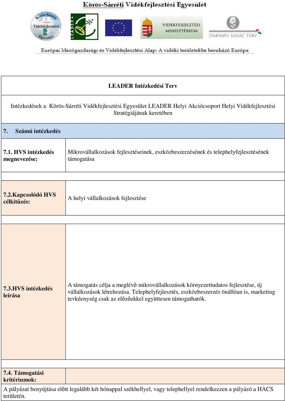 HVS intézkedés leírása A támogatás célja a meglévı mikrovállalkozások környezettudatos fejlesztése, új vállalkozások létrehozása.