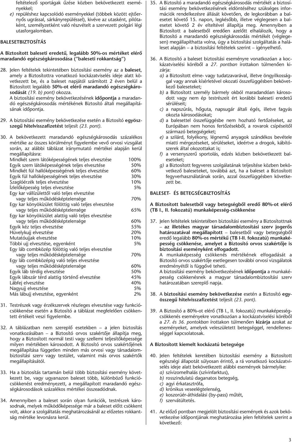 BALESETBIZTOSÍTÁS A Biztosított baleseti eredetű, legalább 50%-os mértéket elérő maradandó egészségkárosodása ( baleseti rokkantság ) 28.