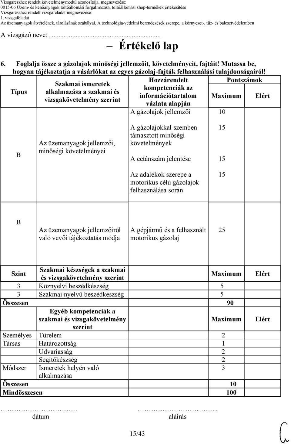 Hozzárendelt Pontszámok Szakmai ismeretek kompetenciák az Típus alkalmazása a szakmai és információtartalom vizsgakövetelmény szerint vázlata alapján A gázolajok jellemzői 10 Az üzemanyagok