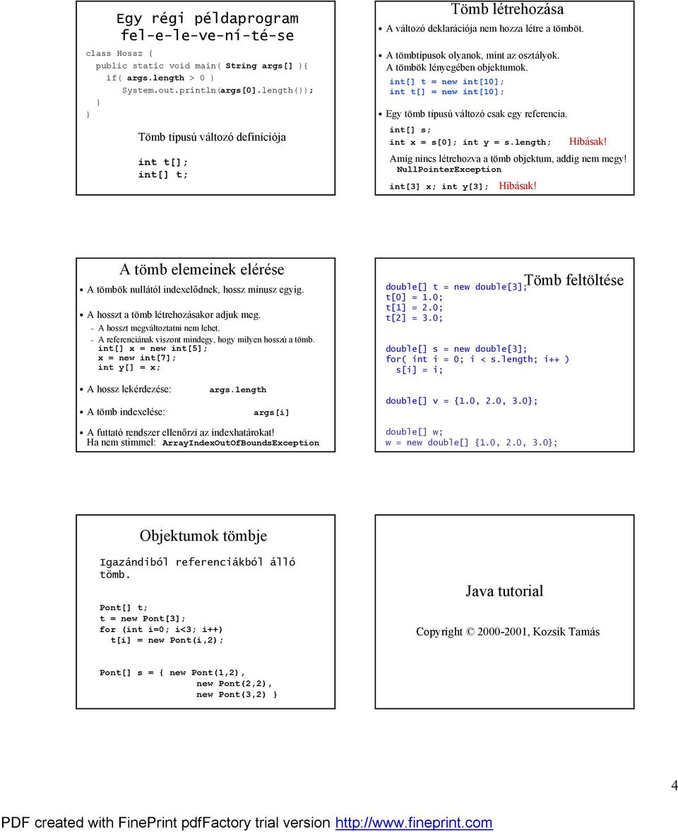 int[] t = new int[10]; int t[] = new int[10]; Tomb le trehoza sa é Egy tomb tıpus valtozé csak egy referencia. int[] s; int x = s[0]; int y = s.length; Hiba sak!