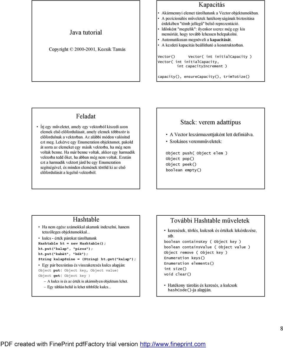 Vector() Vector( int initialcapacity ) Vector( int initialcapacity, int capacityincrement ) capacity(), ensurecapacity(), trimtosize() ő Irj egy mu veletet, amely egy vektorbé l kiszedi azon elemek