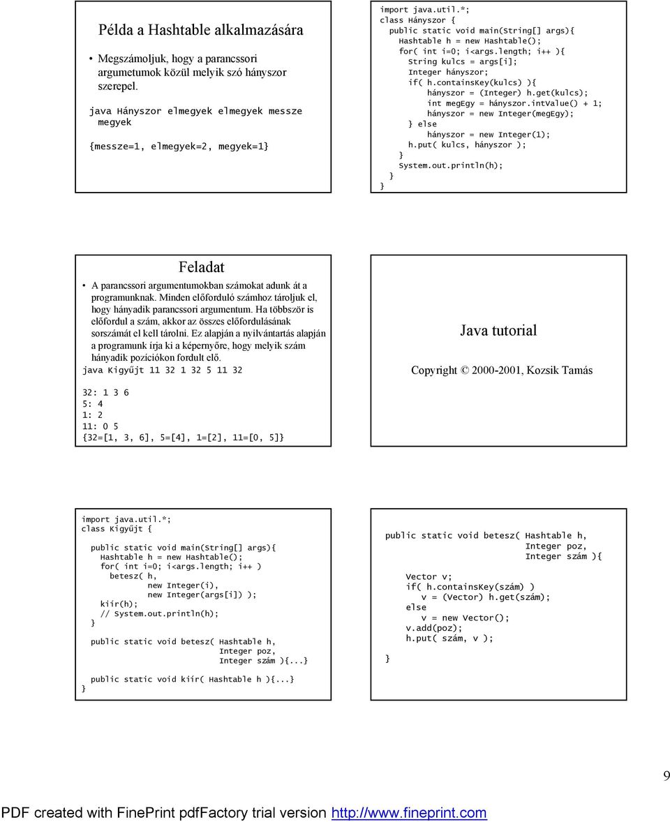 *; class Hanyszor { public static void main(string[] args){ Hashtable h = new Hashtable(); for( int i=0; i<args.length; i++ ){ String kulcs = args[i]; Integer hanyszor; if( h.