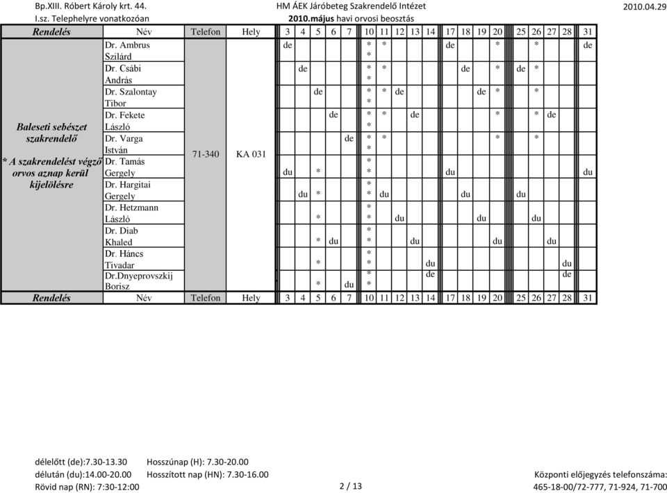 Varga de * * * * István * 71-340 KA 031 * A szakrendelést végző Dr. Tamás * orvos aznap kerül Gergely du * * du du kijelölésre Dr.