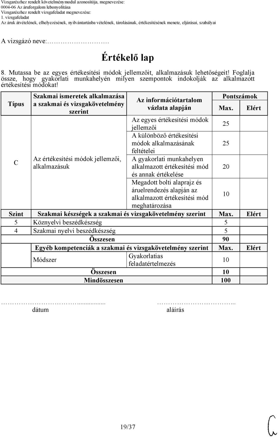 Típus Szakmai ismeretek alkalmazása a szakmai és vizsgakövetelmény szerint Az információtartalom vázlata alapján Pontszámok Max.