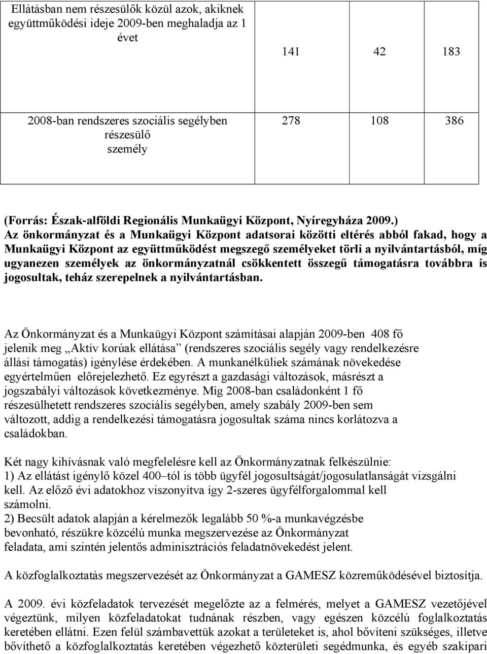 ) Az önkormányzat és a Munkaügyi Központ adatsorai közötti eltérés abból fakad, hogy a Munkaügyi Központ az együttműködést megszegő személyeket törli a nyilvántartásból, míg ugyanezen személyek az