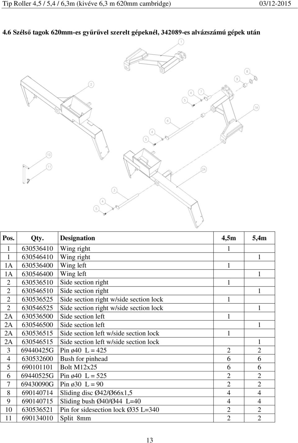 Side section right w/side section lock 1 2 630546525 Side section right w/side section lock 1 2A 630536500 Side section left 1 2A 630546500 Side section left 1 2A 630536515 Side section left w/side