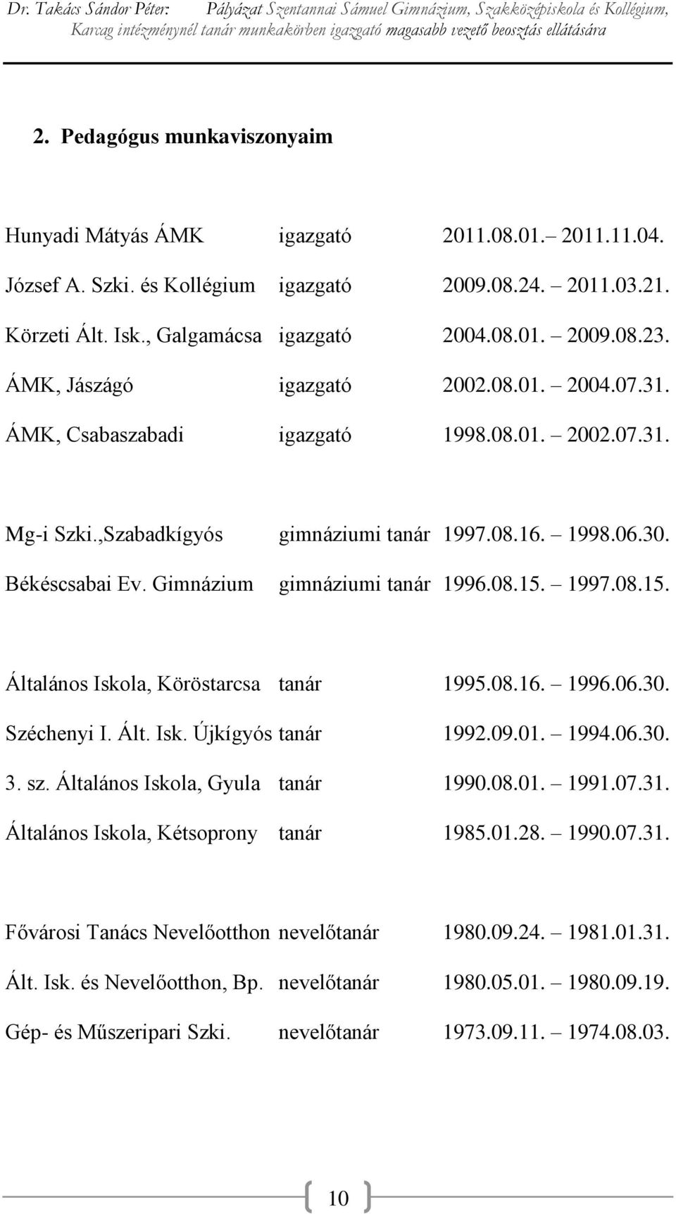 Gimnázium gimnáziumi tanár 1996.08.15. 1997.08.15. Általános Iskola, Köröstarcsa tanár 1995.08.16. 1996.06.30. Széchenyi I. Ált. Isk. Újkígyós tanár 1992.09.01. 1994.06.30. 3. sz.