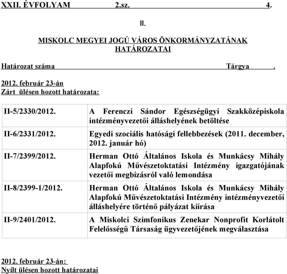 január hó) Herman Ottó Általános Iskola és Munkácsy Mihály Alapfokú Művészetoktatási Intézmény igazgatójának vezetői megbízásról való lemondása Herman Ottó Általános Iskola és Munkácsy Mihály