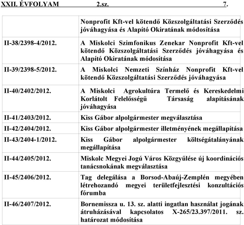 Szerződés jóváhagyása II-40/2402/2012. A Miskolci Agrokultúra Termelő és Kereskedelmi Korlátolt Felelősségű Társaság alapításának jóváhagyása II-41/2403/2012. II-42/2404/2012. II-43/2404-1/2012.