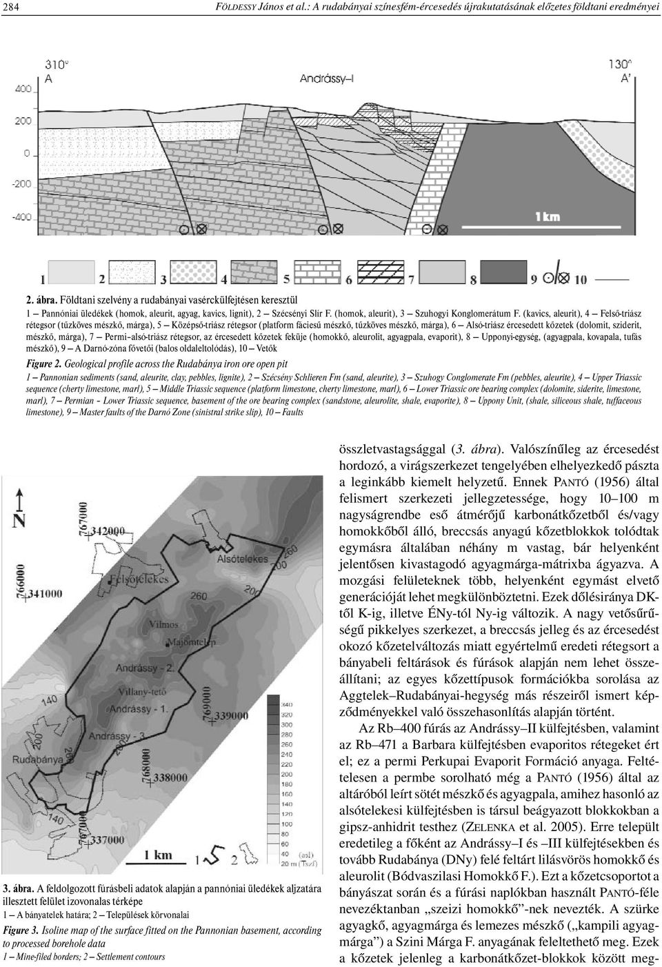 (kavics, aleurit), 4 Felső-triász rétegsor (tűzköves mészkő, márga), 5 Középső-triász rétegsor (platform fáciesű mészkő, tűzköves mészkő, márga), 6 Alsó-triász ércesedett kőzetek (dolomit, sziderit,