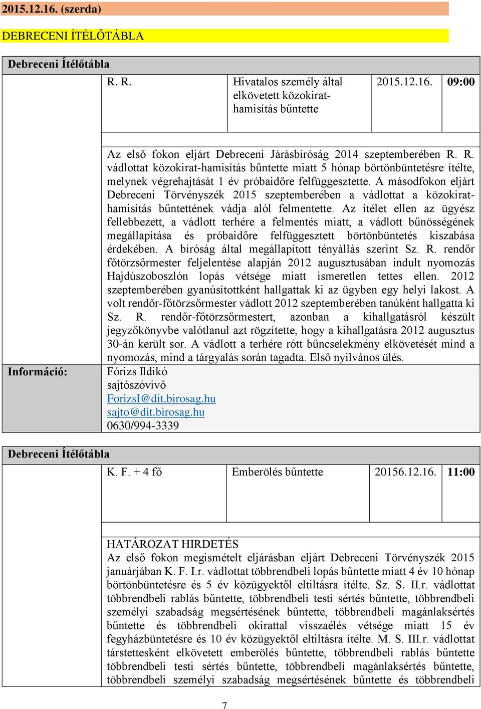 A másodfokon eljárt Debreceni Törvényszék 2015 szeptemberében a vádlottat a közokirathamisítás bűntettének vádja alól felmentette.