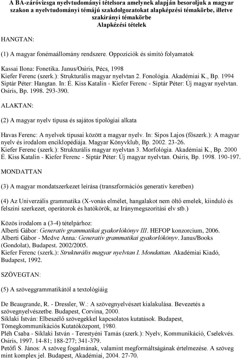 Akadémiai K., Bp. 1994 Siptár Péter: Hangtan. In: É. Kiss Katalin - Kiefer Ferenc - Siptár Péter: Új magyar nyelvtan. Osiris, Bp. 1998. 293-390.