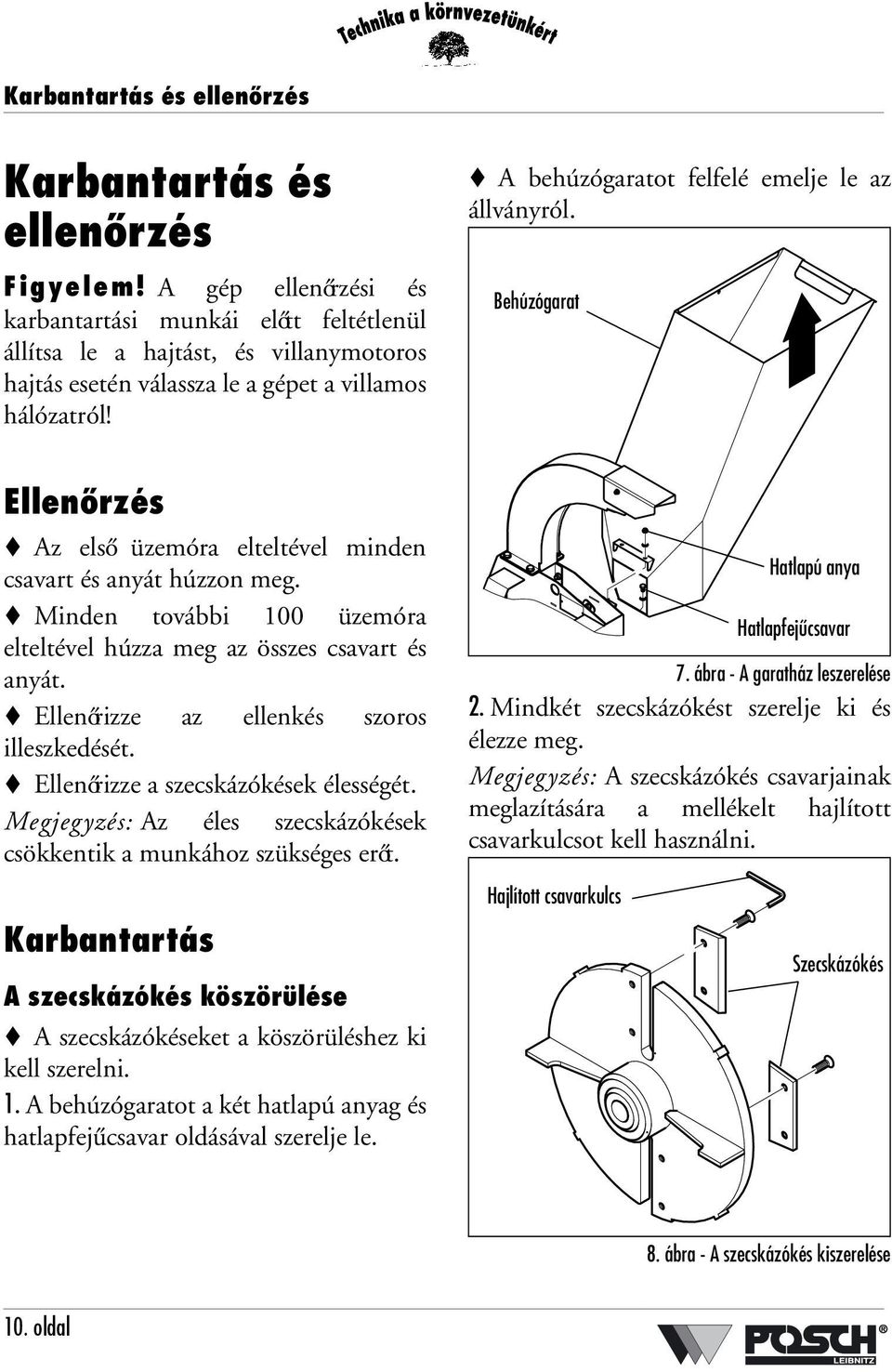 A behúzógaratot felfelé emelje le az állványról. Behúzógarat Ellenőrzés Az első üzemóra elteltével minden csavart és anyát húzzon meg.