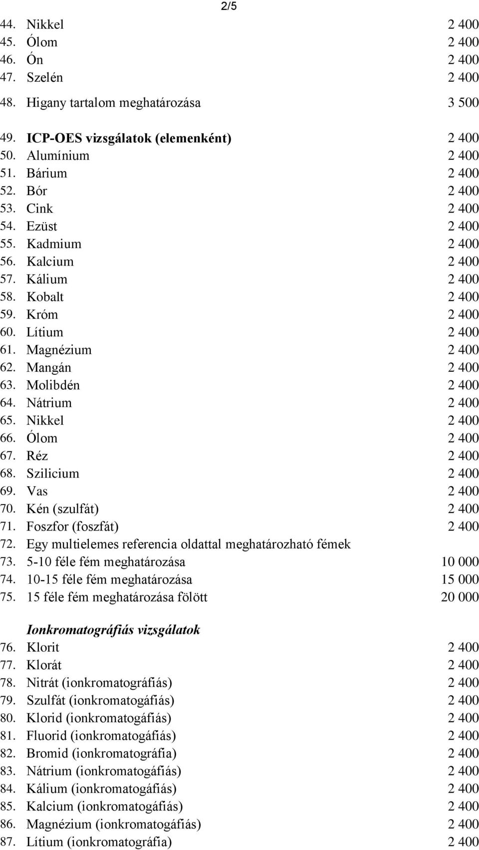 Molibdén 2 400 64. Nátrium 2 400 65. Nikkel 2 400 66. Ólom 2 400 67. Réz 2 400 68. Szilicium 2 400 69. Vas 2 400 70. Kén (szulfát) 2 400 71. Foszfor (foszfát) 2 400 72.