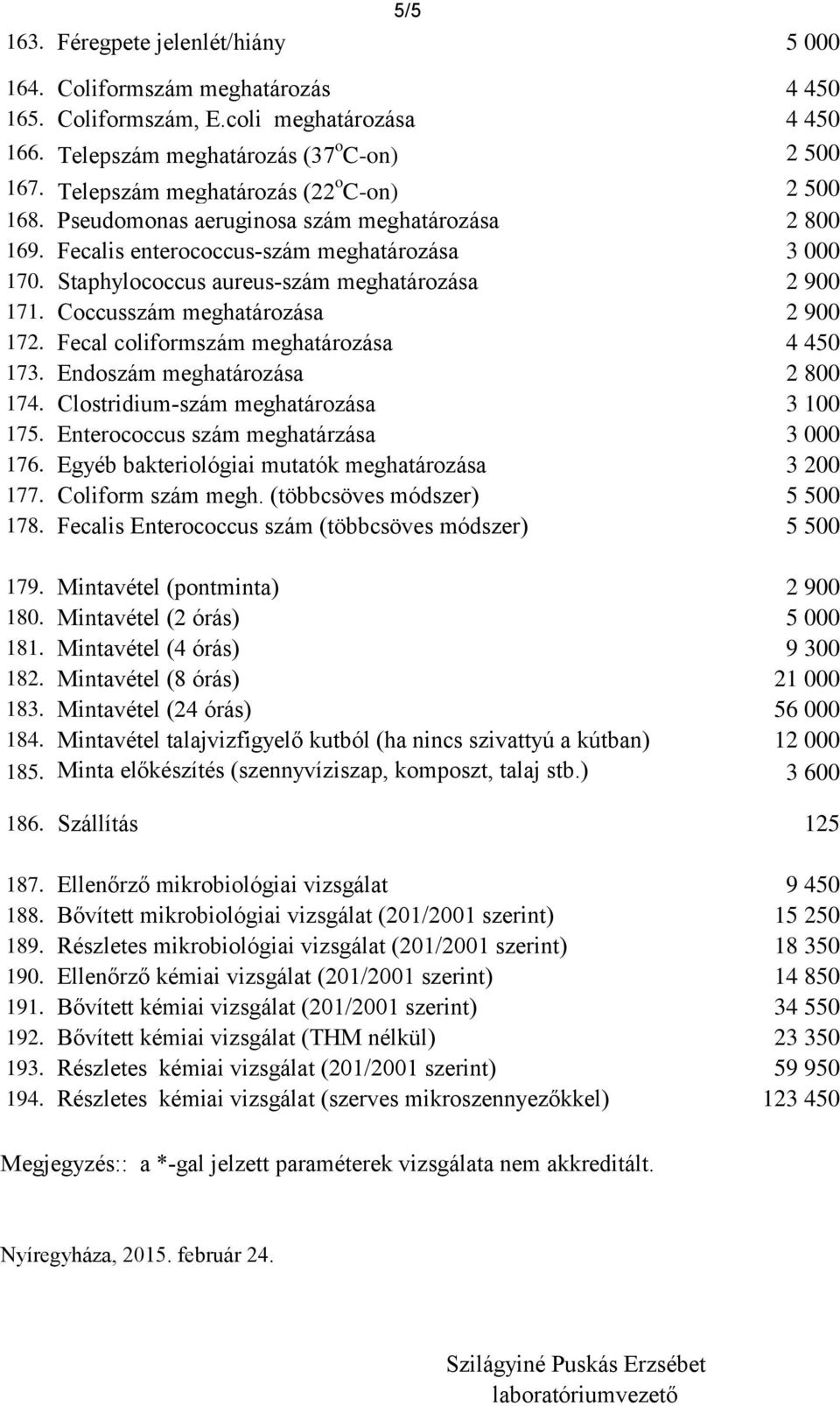 Staphylococcus aureus-szám meghatározása 2 900 171. Coccusszám meghatározása 2 900 172. Fecal coliformszám meghatározása 4 450 173. Endoszám meghatározása 2 800 174.